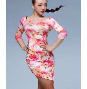 Black red Pink floral printed round neck side split middles long sleeves competition professional flamenco latin salsa cha cha dance dresses sets